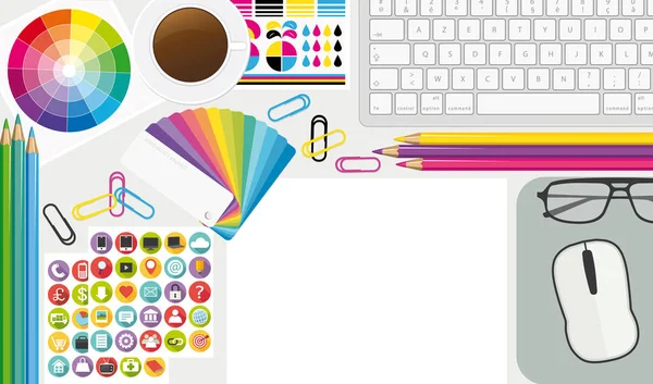 Lavoro Creativo Vista Dall Alto Artista Desktop Illustrazione Vettoriale — Vettoriale Stock