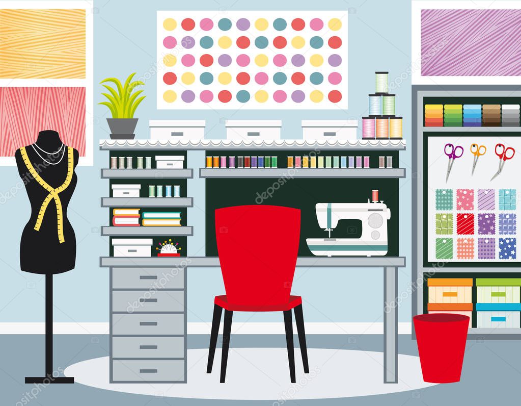 Seamstress's office. Dressmaker workspace. Sewing illustration I. Blue tones.