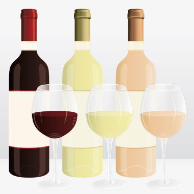 Kırmızı, beyaz ve ros şişe ve bardak şarap. Vektör çizim.