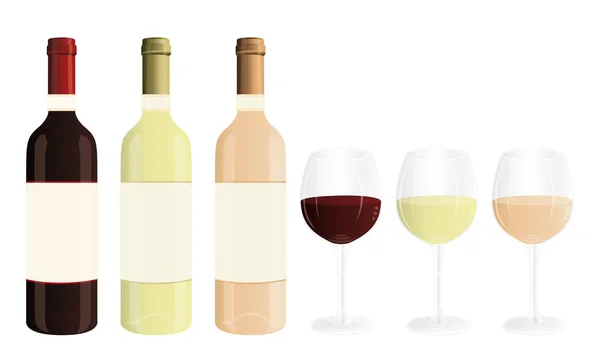 Garrafas Vinho Tinto Branco Ros Copos Vinho Isolados Fundo Branco — Vetor de Stock