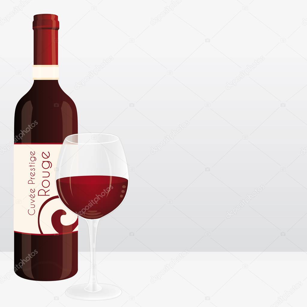 Red wine bottle and wine glass. Vector marketing illustration. French virtual brand name.