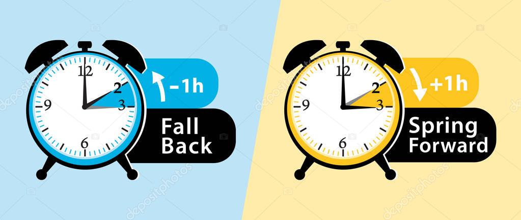 Daylight saving time. Spring forward and fall back alarm clocks set. vector illustration.