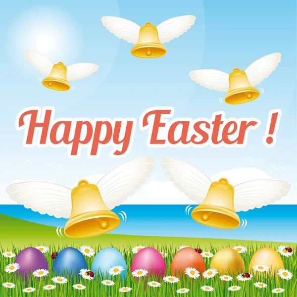 Paskalya Yumurtaları Zilleri Ile Güzel Mutlu Paskalya Tebrik Kartı Vektör — Stok Vektör