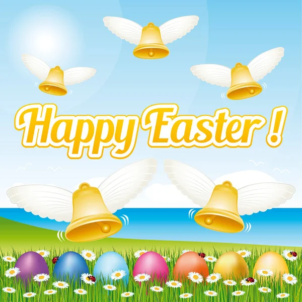 Paskalya Yumurtaları Zilleri Ile Güzel Mutlu Paskalya Tebrik Kartı Vektör — Stok Vektör
