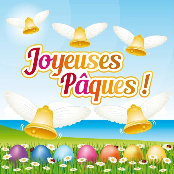Hermosa Tarjeta Felicitación Pascua Feliz Con Huevos Pascua Campanas Ilustración — Archivo Imágenes Vectoriales