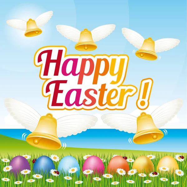 Güzel Renkli Mutlu Paskalya Tebrik Kartı Ile Paskalya Yumurtaları Zilleri — Stok Vektör
