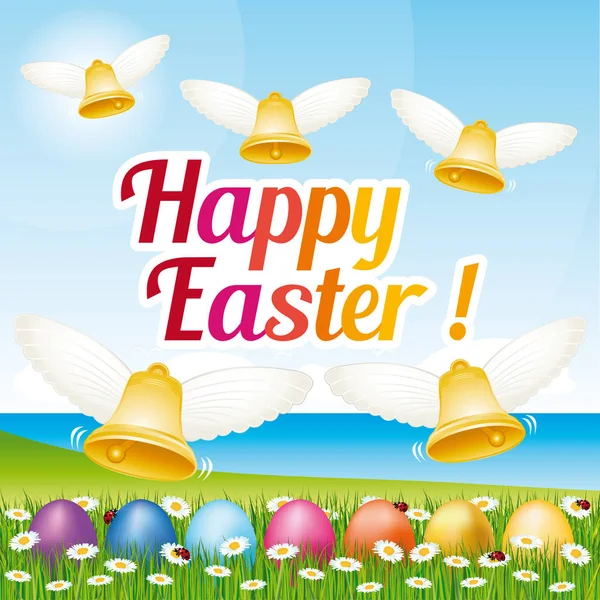 Güzel Renkli Mutlu Paskalya Tebrik Kartı Ile Paskalya Yumurtaları Zilleri — Stok Vektör