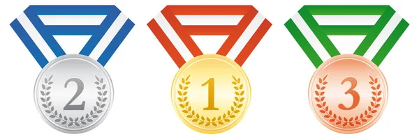 Zlaté Stříbrné Bronzové Medaile Slavnostní Vyhlášení Vektorové Ikony — Stockový vektor