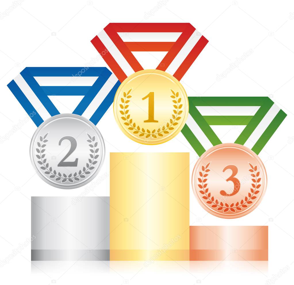 Beautiful podium with gold, silver and bronze medals. Award ceremony. Vector icon.