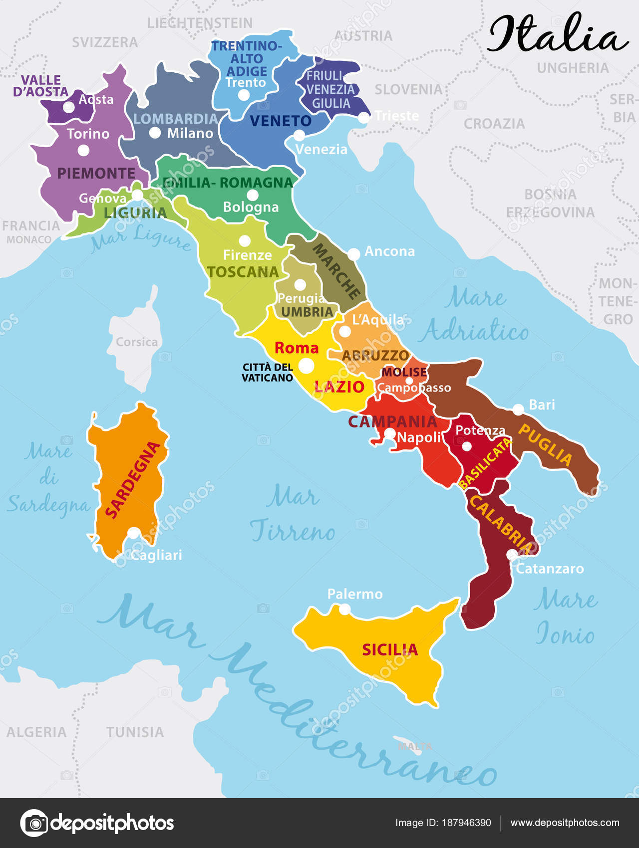 Mooie Kleurrijke Kaart Van Italië Met Italiaanse Regio ... Mooie Kleurrijke Kaart Van Italië Met Italiaanse Regio ...