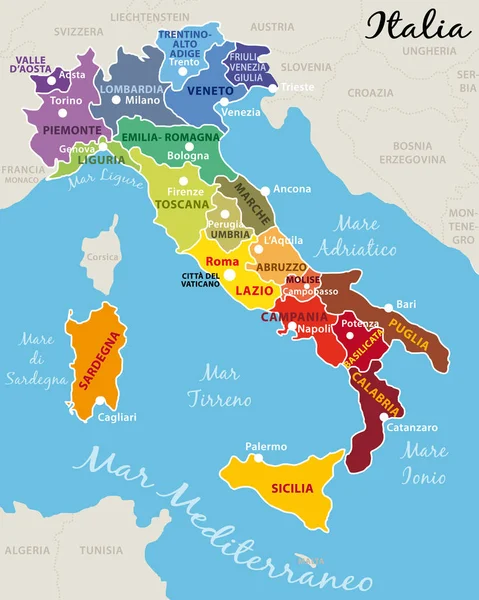 意大利的美丽和多彩的地图与意大利地区 首都和重要城市 矢量图示 Iii — 图库矢量图片