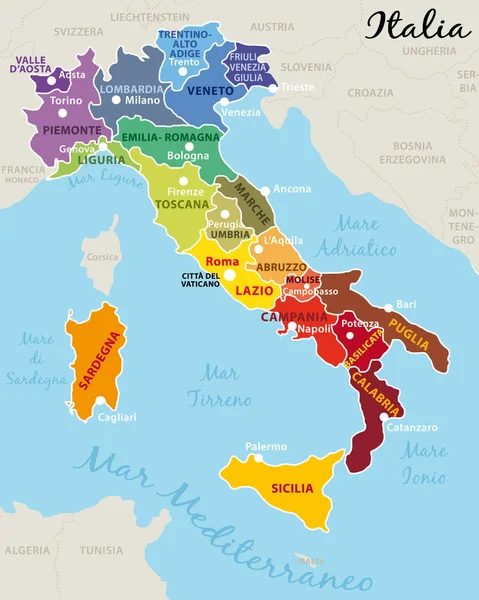 Όμορφο Και Πολύχρωμο Χάρτη Της Ιταλίας Ιταλικές Περιφέρειες Κιονόκρανα Και — Διανυσματικό Αρχείο