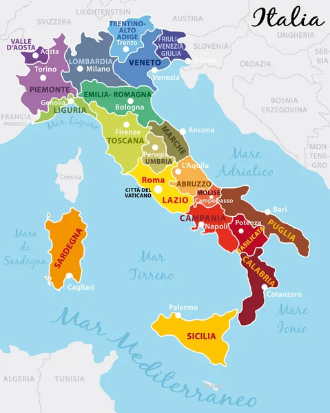 Belle Colorée Carte Italie Avec Les Régions Italiennes Les Capitales — Image vectorielle
