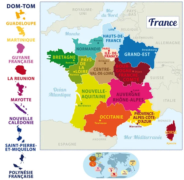 美丽多彩的 Detailes 地图法国与法国群岛 新的地区和首都 法文名 向量说明 — 图库矢量图片