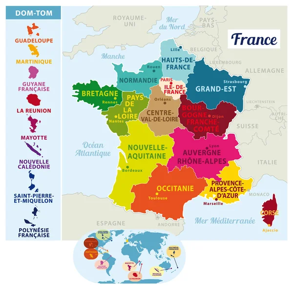 Bella Colorata Mappa Dettagliata Della Francia Con Isole Francesi Nuove — Vettoriale Stock