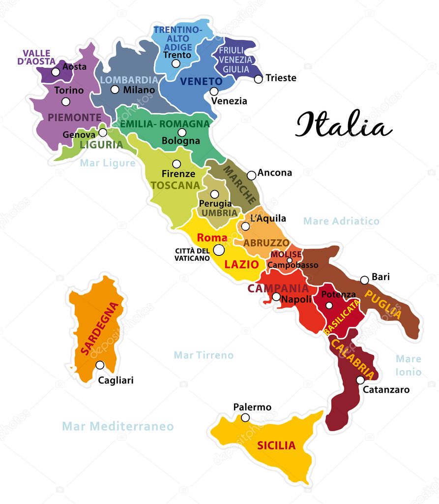 Beautiful and colorful map of Italy with italian regions, capitals and important cities. Vector illustration.