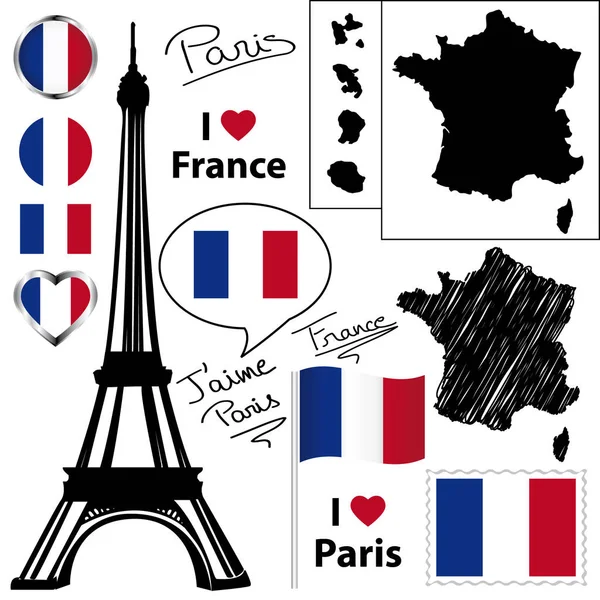 Kleurrijke Franse Vector Set Met Frankrijk Kaart Monumenten Silhouetten Vlaggen — Stockvector