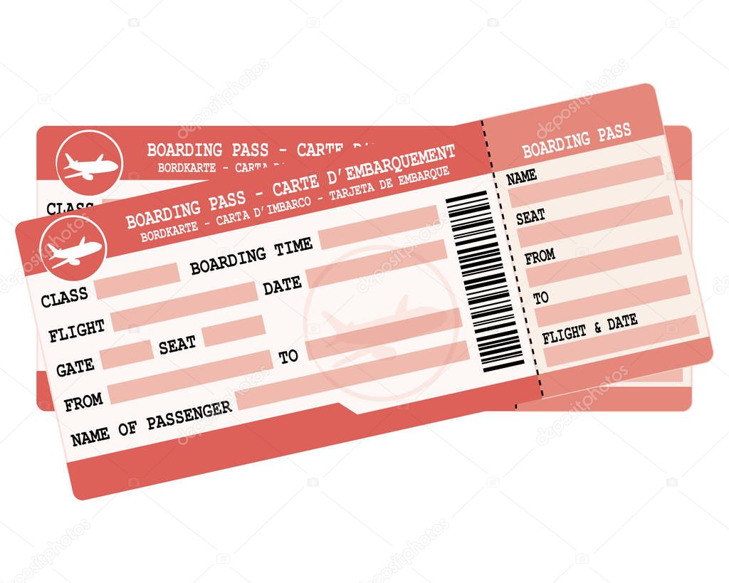 Flight tickets. Two red boarding passes. Vector icon for vacation departure.