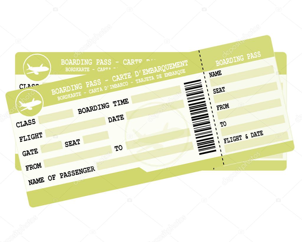 Flight tickets. Two green boarding passes. Vector icon for vacation departure.