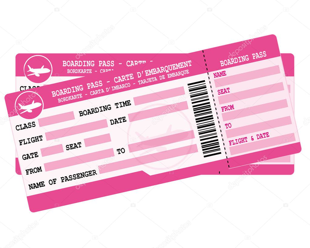 Flight tickets. Two pink boarding passes. Vector icon for vacation departure.