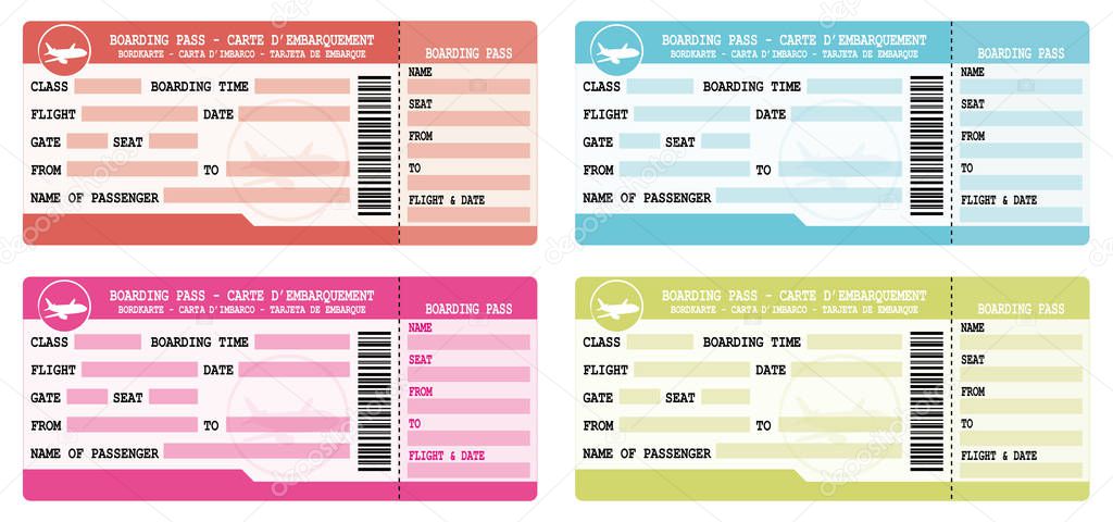 Flight tickets. Colorful boarding passes. Vector set for vacation departure.