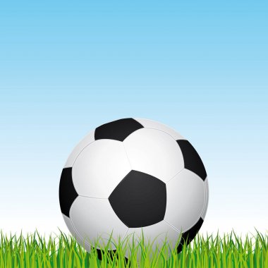 Futbol topu. Futbol Stadı çim ve mavi gökyüzü arka plan. Vektör çizim.