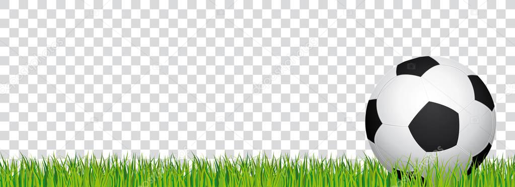 Soccer banner. Football stadium grass and transparent background. Vector header with soccer ball in the right side.