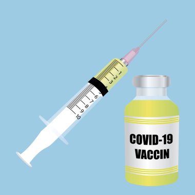Şırıngalı Covid-19 Coronavirus aşısı. Fransızca illüstrasyon.