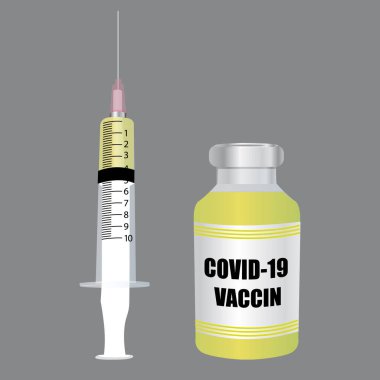 Şırıngalı Covid-19 Coronavirus aşısı. Fransızca illüstrasyon.