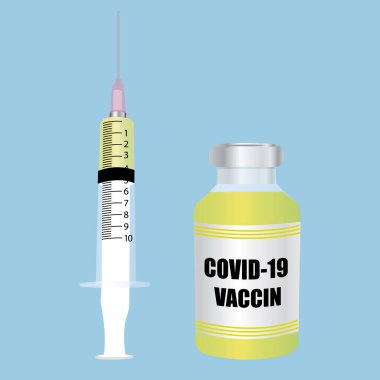 Şırıngalı Covid-19 Coronavirus aşısı. Fransızca illüstrasyon.