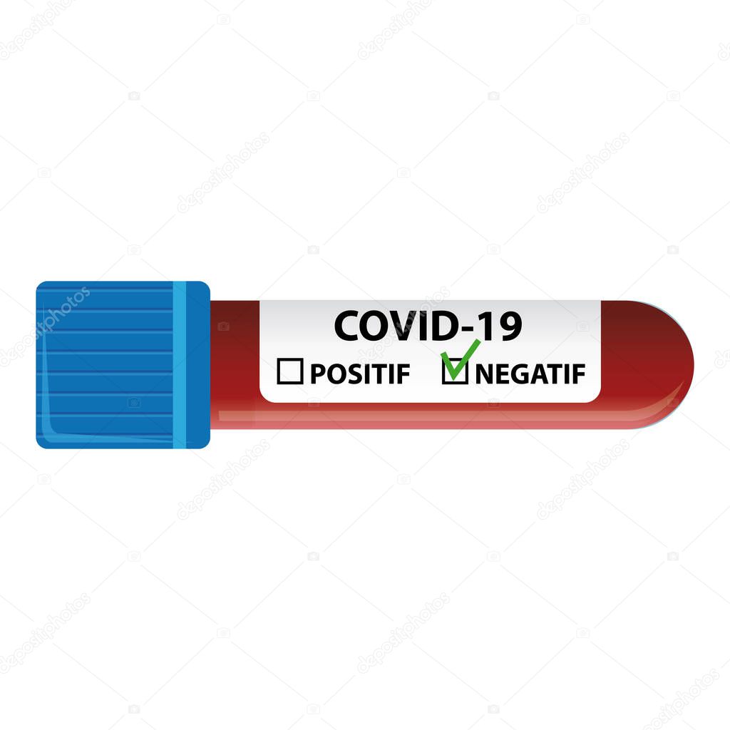 Covid-19 Coronavirus. Blood testnegative result. French illustration.