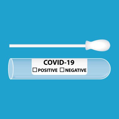 Covid-19 'u test etmek için tıbbi ekipman. Çizim. Amerika ya da İngiltere için İngilizce etiket.