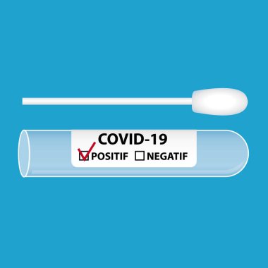 Covid-19 'u test etmek için tıbbi ekipman. Çizim. Fransız etiketi pozitif ya da negatif sonuç veriyor.