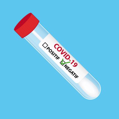 Covid-19 'u test etmek için tıbbi ekipman. Çizim. Fransız etiketi pozitif ya da negatif sonuç veriyor.