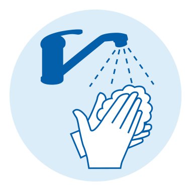 Ellerimi sabunla yıkıyorum. Covid-19 önleme hareketi. Mavi vektör illüstrasyonu.