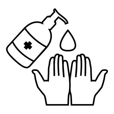 Covid-19 salgınına karşı alkol jeliyle ya da antibakteriyel sabun dezenfektanıyla el yıkamak. Siyah vektör simgesi.