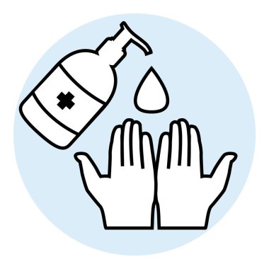 Covid-19 salgınına karşı alkol jeliyle ya da antibakteriyel sabun dezenfektanıyla el yıkamak. Mavi ve siyah yuvarlak vektör simgesi.