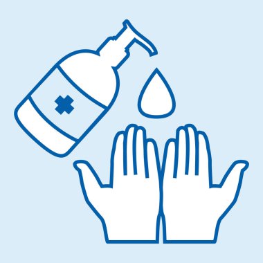 Covid-19 salgınına karşı alkol jeliyle ya da antibakteriyel sabun dezenfektanıyla el yıkamak. Mavi vektör illüstrasyonu.