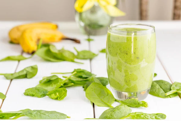 Absolutely Amazing Tasty Green Avocado Shake or Smoothie, Made with Fresh Avocados, Banana, Lemon Juice and Non Dairy Milk (Almond or Coconut) on Light White Wooden Background, Raw Food, Vegan Drink, Vegan Food Conception, Horizontal View — Stock Photo, Image