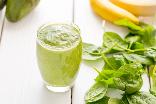 Absolutely Amazing Tasty Green Avocado Shake or Smoothie, Made with Fresh Avocados, Banana, Lemon Juice and Non Dairy Milk (Almond or Coconut) on Light White Wooden Background, Raw Food, Vegan Drink, Vegan Food Conception, Horizontal View — Stock Photo, Image