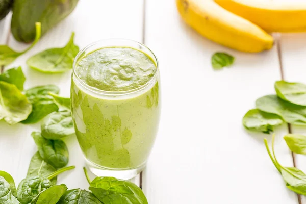 Absolutely Amazing Tasty Green Avocado Shake or Smoothie, Made with Fresh Avocados, Banana, Lemon Juice and Non Dairy Milk (Almond or Coconut) on Light White Wooden Background, Raw Food, Vegan Drink, Vegan Food Conception, Horizontal View — Stock Photo, Image