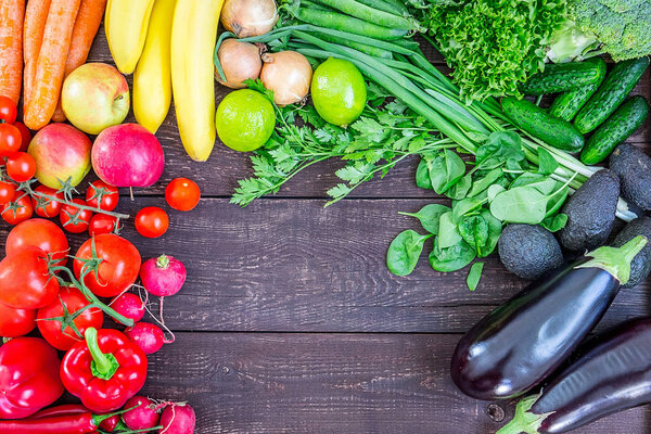 Vegetables on the Dark Wooden Background with Free Space for Text, Horizontal View
