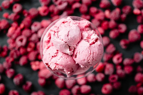Raspberry Ice Cream in Glass Bowl on Dark Background, View from Above — Stock Photo, Image