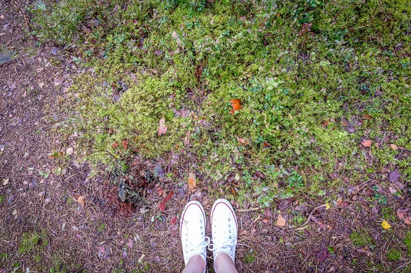 Kobiece stopy na zielonej trawie — Zdjęcie stockowe