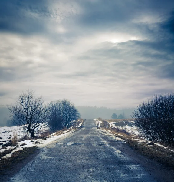 冬季景观与肮脏的路面和喜怒无常的天空 — 图库照片#