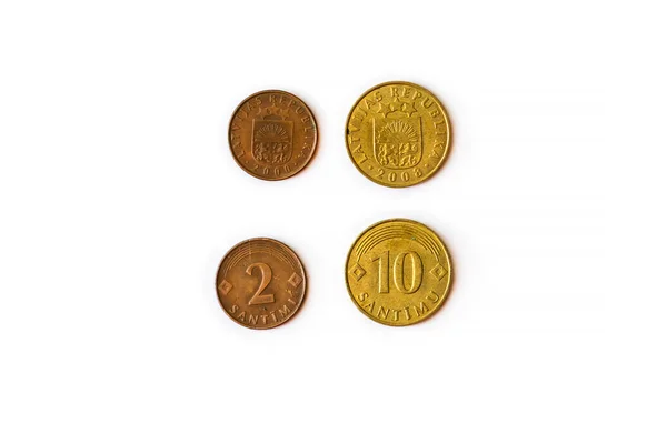 2, 10 Santimu, Latvian centime coins — Stock Photo, Image