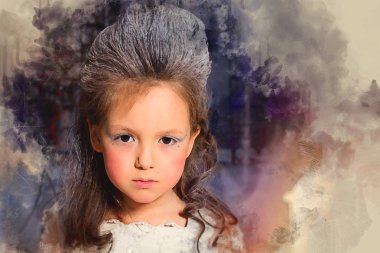 Kar Prenses (Kraliçe) - bir kış makyaj muhteşem donmuş ormanda bir arka kapı üzerinde mavi kurdele ile beyaz bir elbise ile güzel küçük kız. Dijital suluboya resim