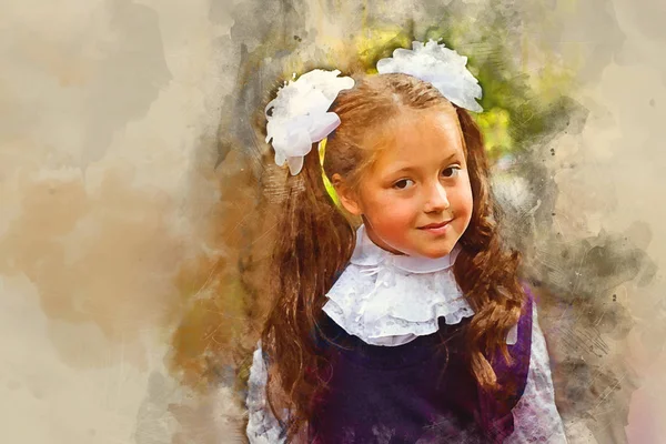 小さな 1年生女子学生は 知識の日 月最初学校へ行きます 秋の風景でポーズの弓と制服の小学校の学生は肩教科書付きバッグです ロシア デジタル水彩画 — ストック写真