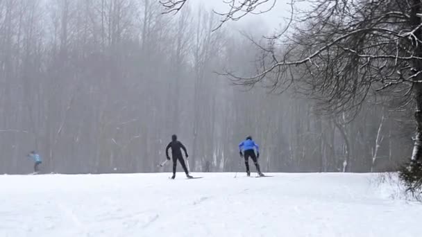 Uitgeruste skiërs skiën op PISTEMAKERS — Stockvideo