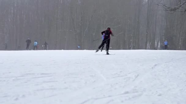 Jóvenes Esquiadores Equipados Esquiando Pista Con Bastones Esquí Bajo Fuertes — Vídeos de Stock